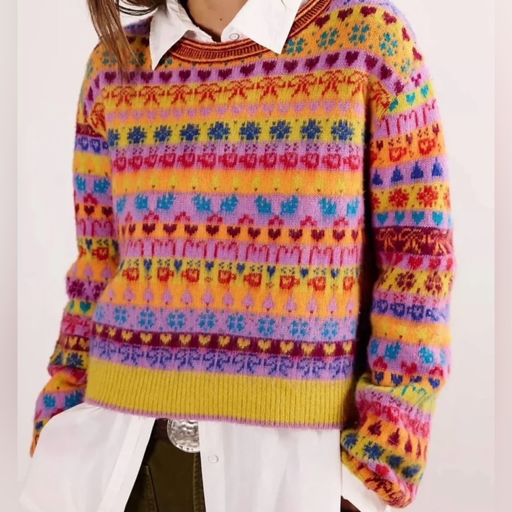 Free People Favorite Things Wool Sweater Bright Confetti Jacquard Knit Size L - Picture 6 of 16
